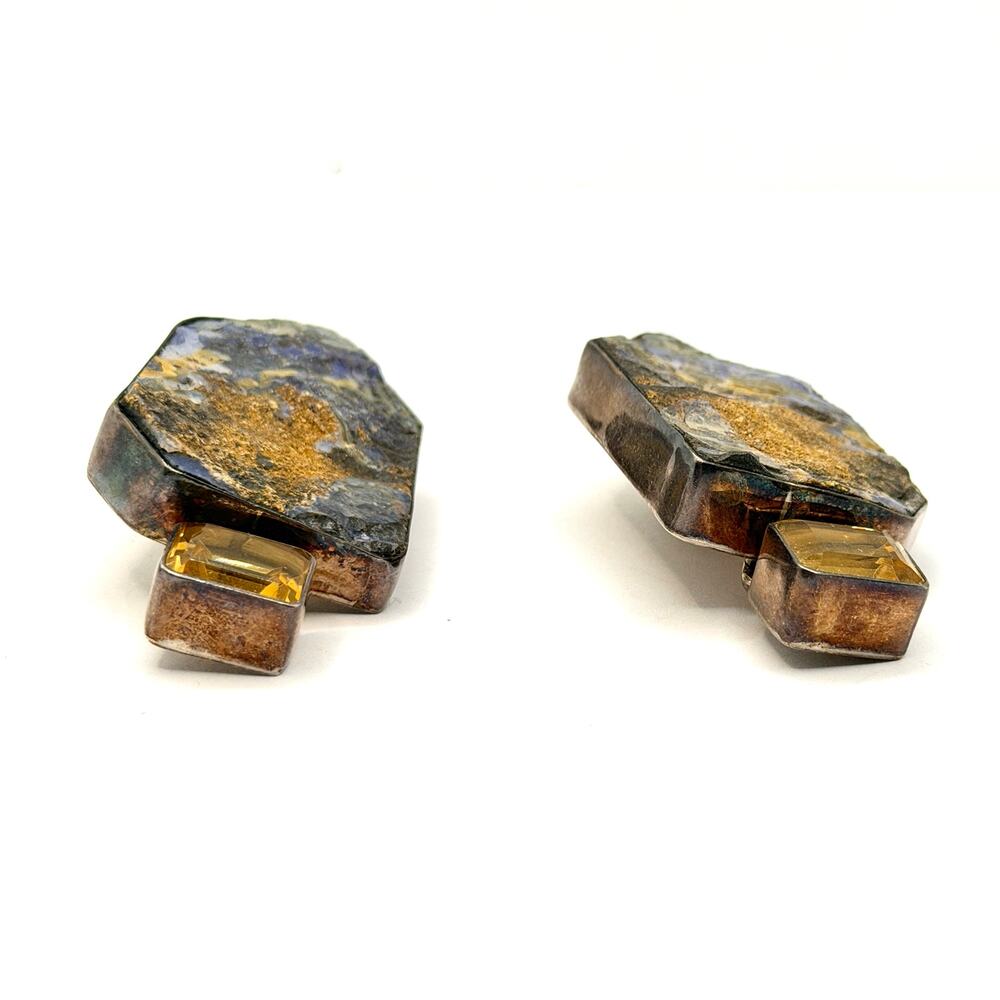 Vintage 90s Signed Amy Kahn Russell Blue Azurite Malachite Citrine Earrings - Picture 5 of 10